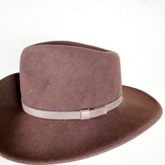 ✨ Wool Heathered Felt Pinched Crown Hat S Brown Leather Band